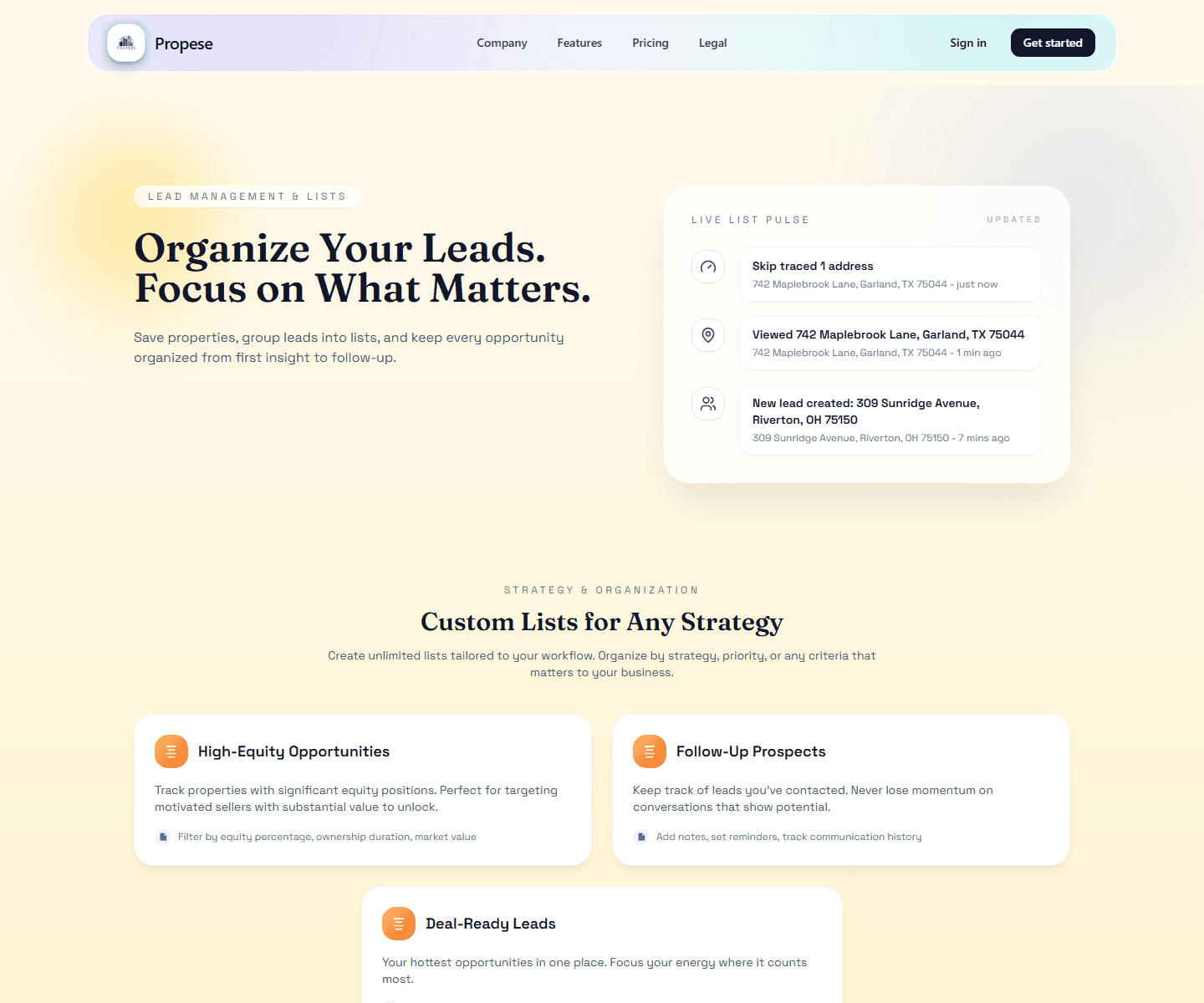 Propese lead management page screenshot